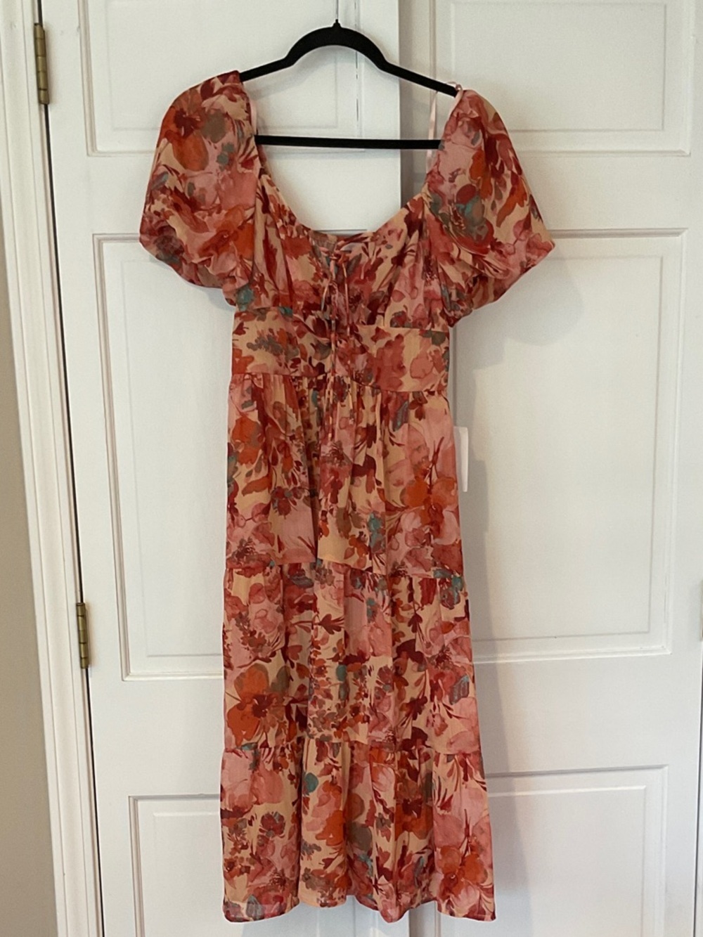 City Studio Pink & Rust Floral Midi Dress with Puff Sleeves